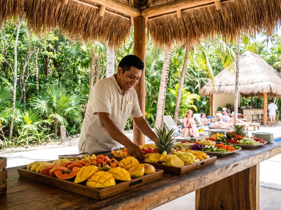 Área de buffet en un parque turístico de la Riviera Maya con fruta y verdura fresca