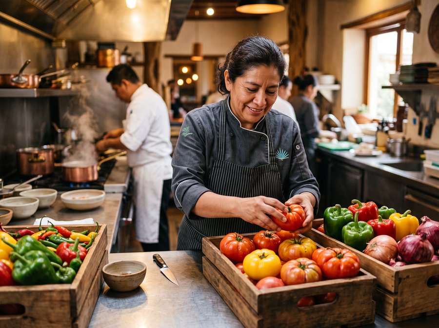 Chef revisando producto fresco recién entregado en la cocina de un restaurante