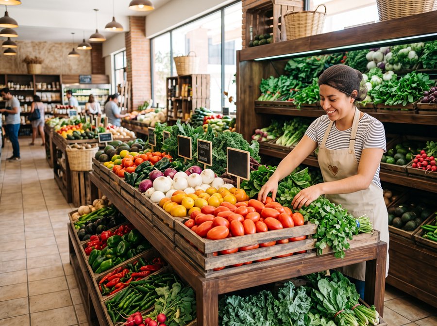 Empleado acomodando fruta y verdura fresca en el anaquel de un supermercado